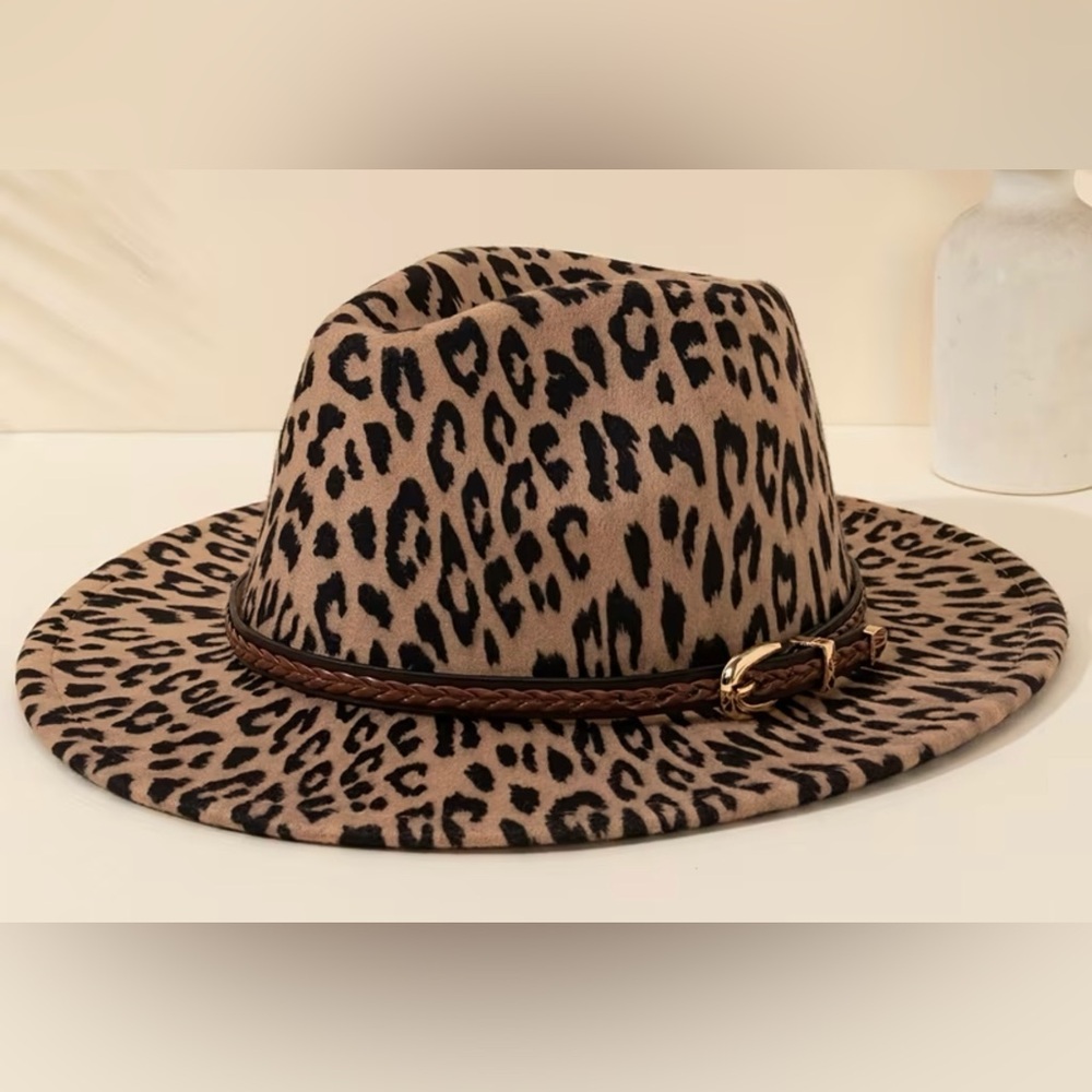 Leopard Print Wide-Brim Fedora Hat - Brown - Picture 2 of 6
